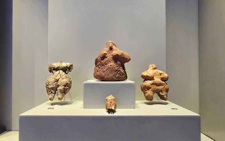 İznik Müzesi’nde sergilenen Neolitik döneme ait kil kadın figürinleri ve idol heykelciklerinin vitrindeki detaylı görünümü.